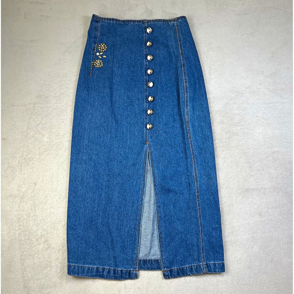 Vintage 90s Denim Maxi Skirt M Button Front Embellished Rhinestone Pearl USA